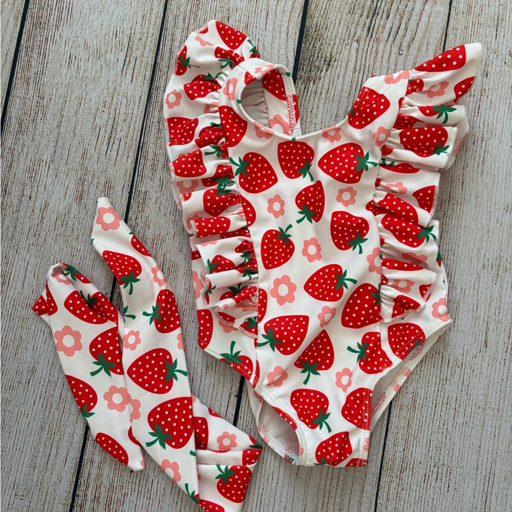 Girls White Strawberry Ruffle One-Piece Swimsuit